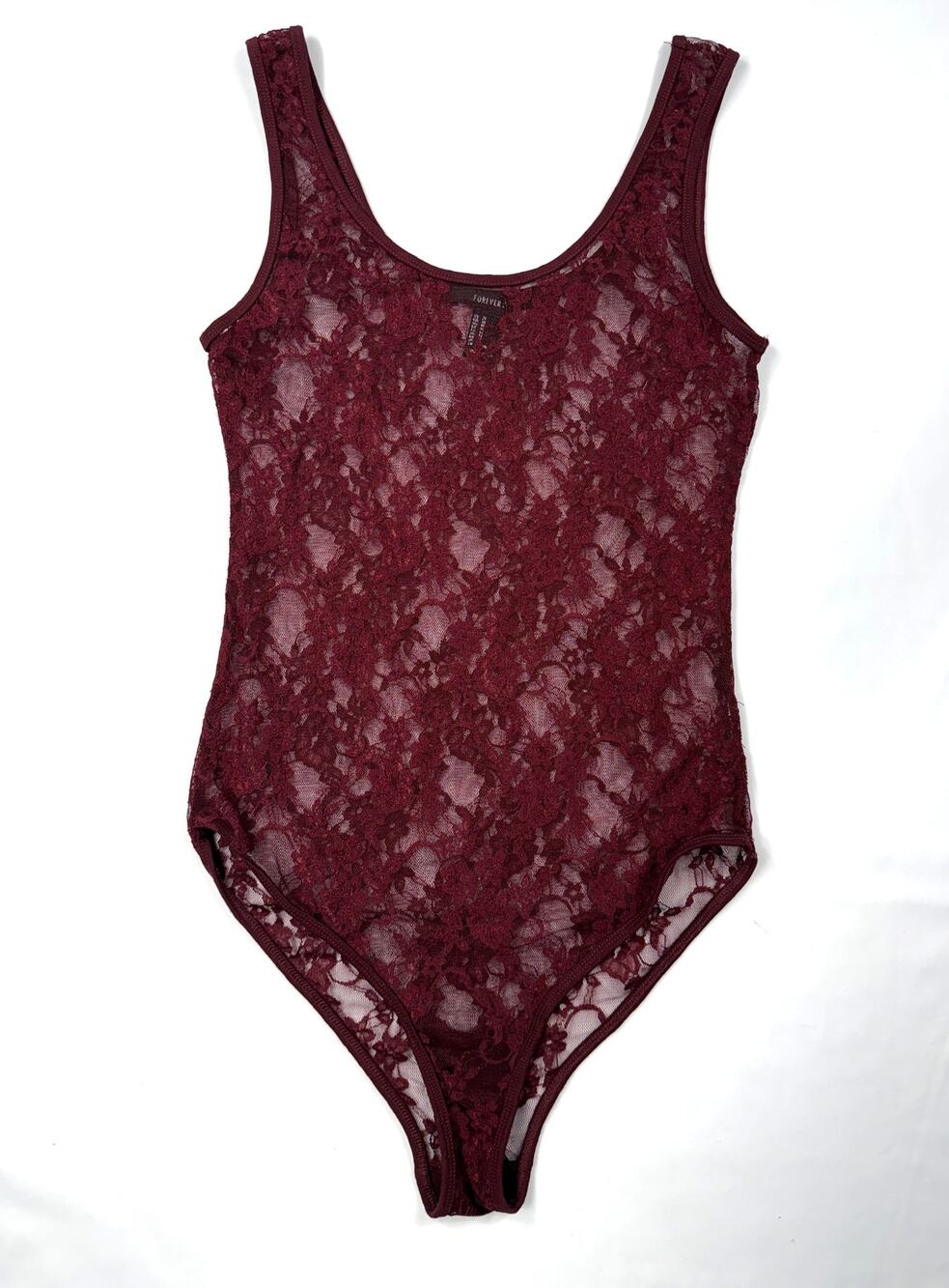 Forever 21 sleeveless burgundy lace bodysuit Sz M sheer floral scoop neck